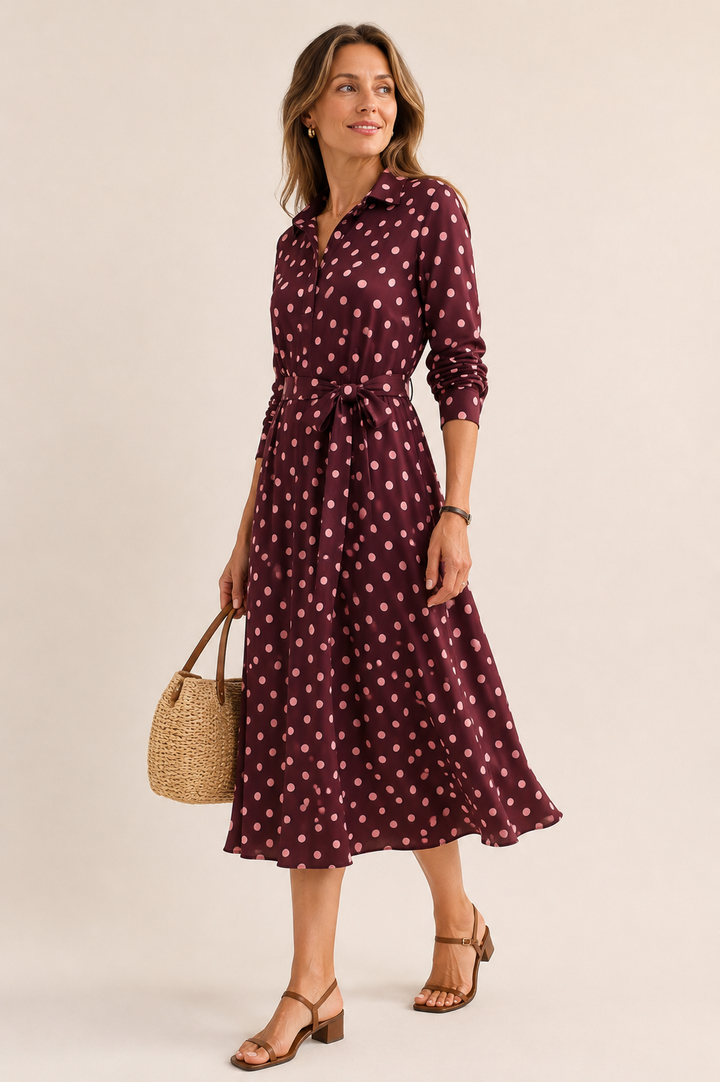 Classic Polka Dot Belted Midi Dress