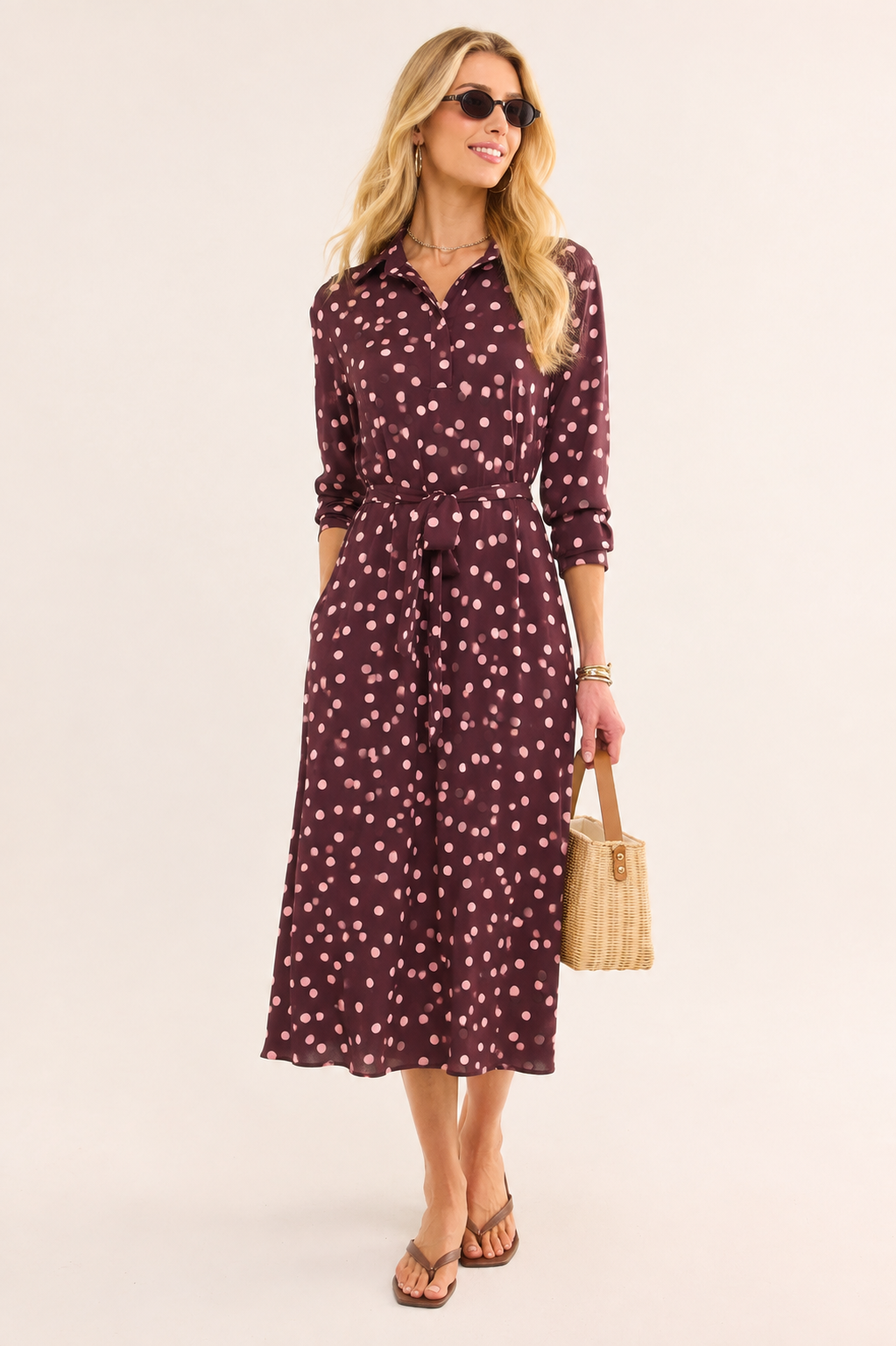 Classic Polka Dot Belted Midi Dress