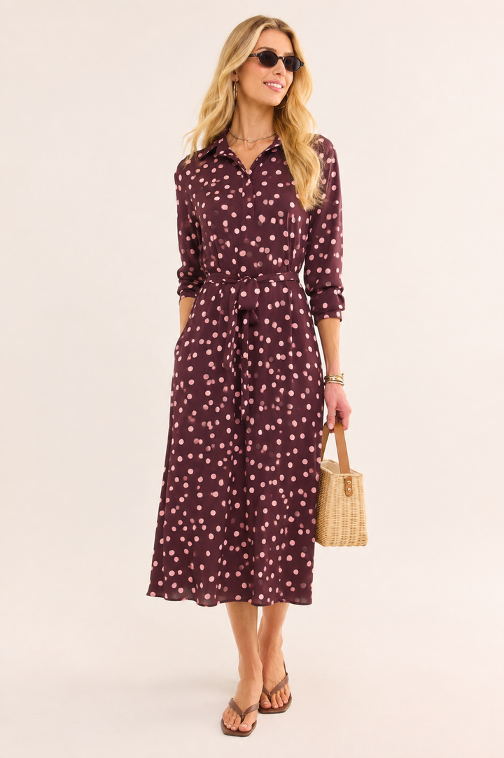 Classic Polka Dot Belted Midi Dress