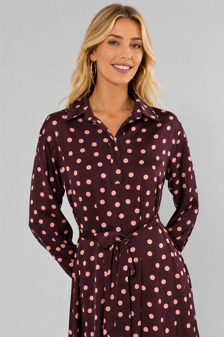 Classic Polka Dot Belted Midi Dress